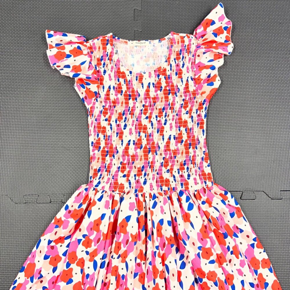 SundayUp S Womens Floral Smocked Puff Sleeve Maxi Dress Cotton/Polyester Blend